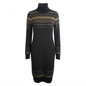 Lauren Ralph Lauren black gold fair isle turtleneck sweater dress size medium